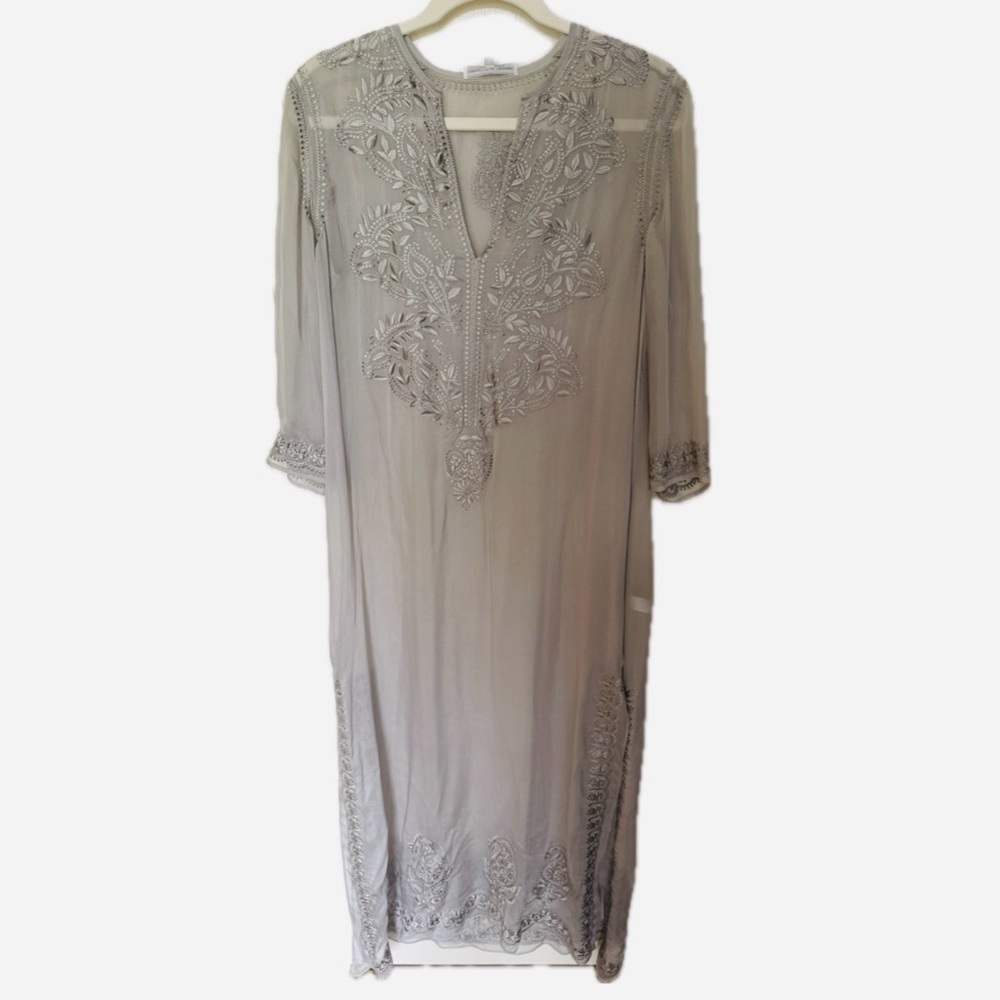 Marie France Van Damme Gray embroidered silk chiffon hamsa kaftan Sz 2 US 10